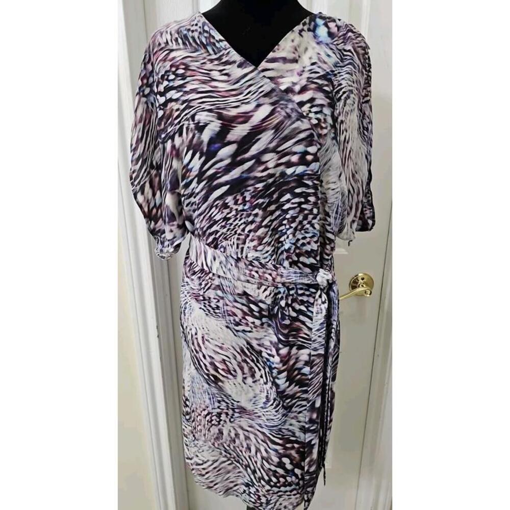 Escada Silk Wrap Dress‎ 8 Belted Ruched Sleeve Purple Animal Print